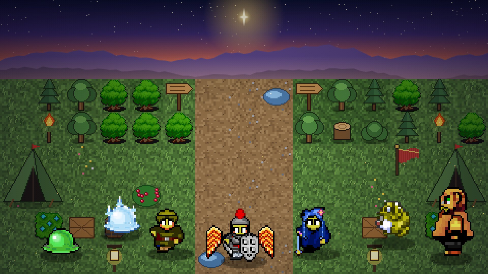 Captura del juego: el campamento de inicio al anochecer